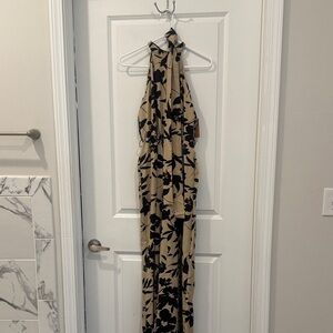 Elegant Black and Tan Floral Halter Romper